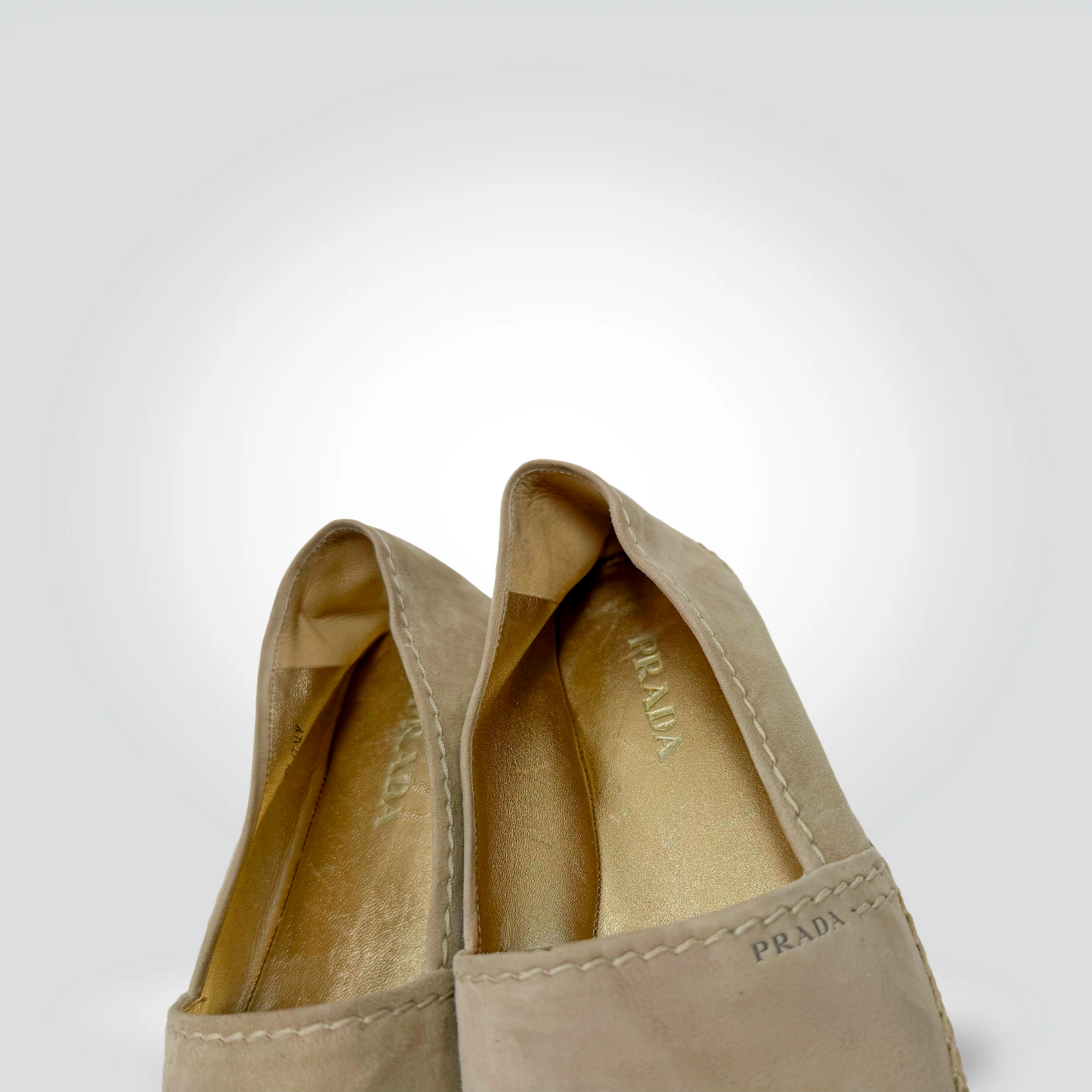 re-Owned Prada Quartz Open toe Beige  Suede Espadrille Flat Gold Footbed — Size 38 — Very Good | Style Reissue Vancouver