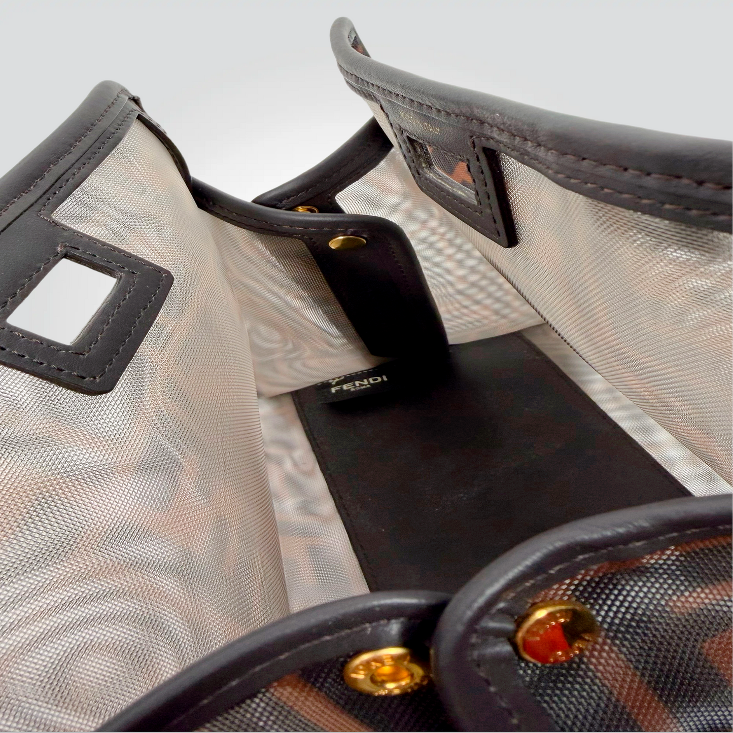 Fendi Zucca mini Zucca Peakaboo Defender Cover bag brown black FF monogram mesh  leather trim —Excellent  Style Reissue Vancouver