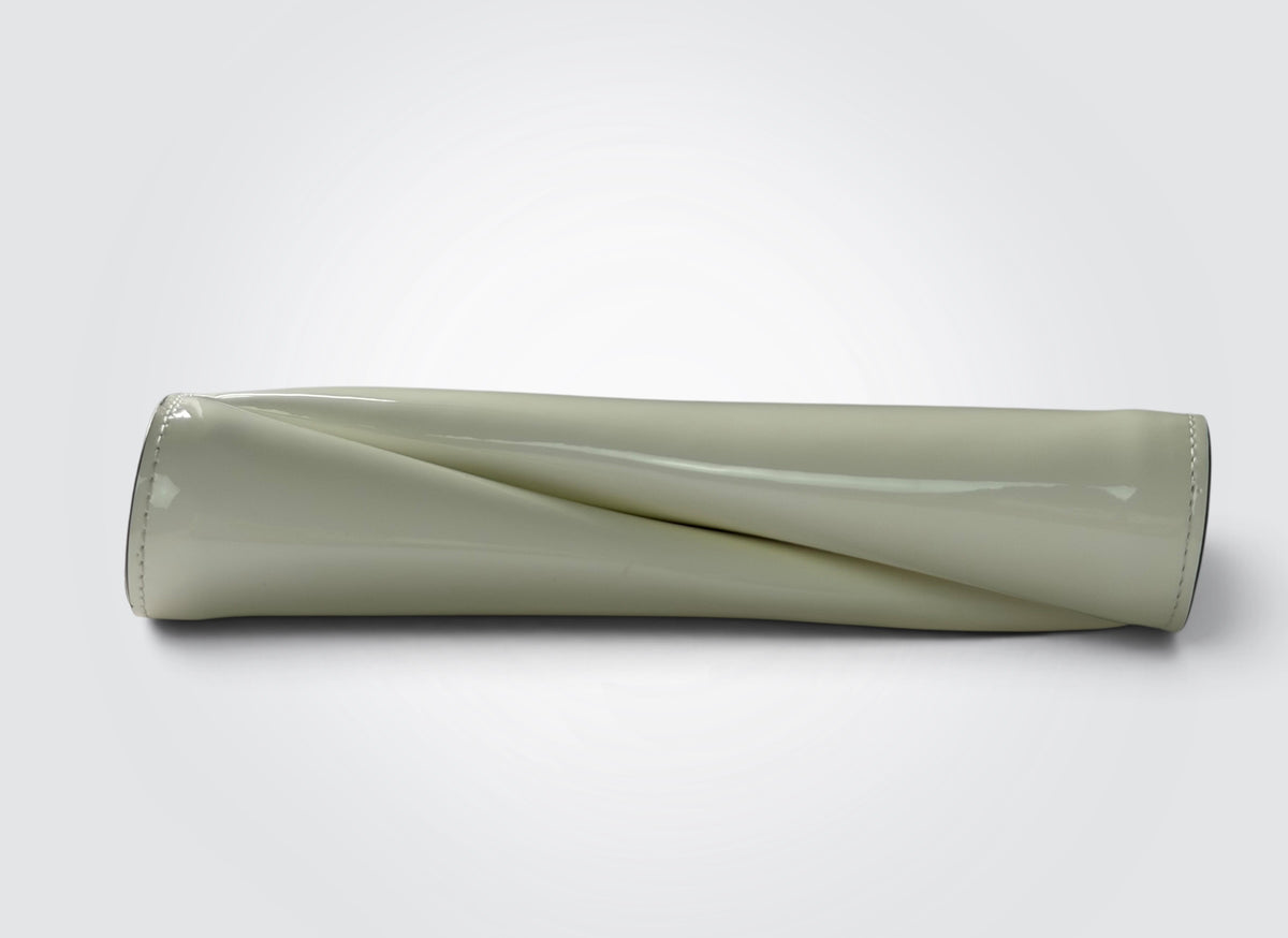 Christian Louboutin white patent leather Loubitwist small clutch with a detachable chain strap and signature star detail.