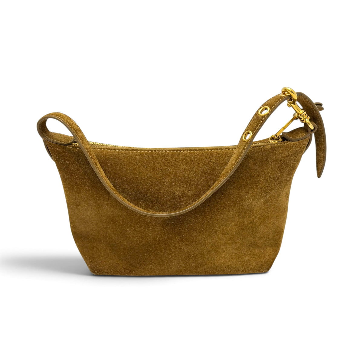 Brown Suede Small Shoulder Bag Embossed Logo Gold Hardware