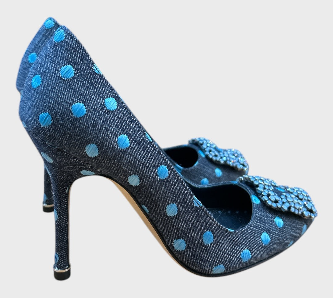 Manolo Blahnik Hangisi Pump
105 Heel Shoe Jeans Polka Dot Size 34.5