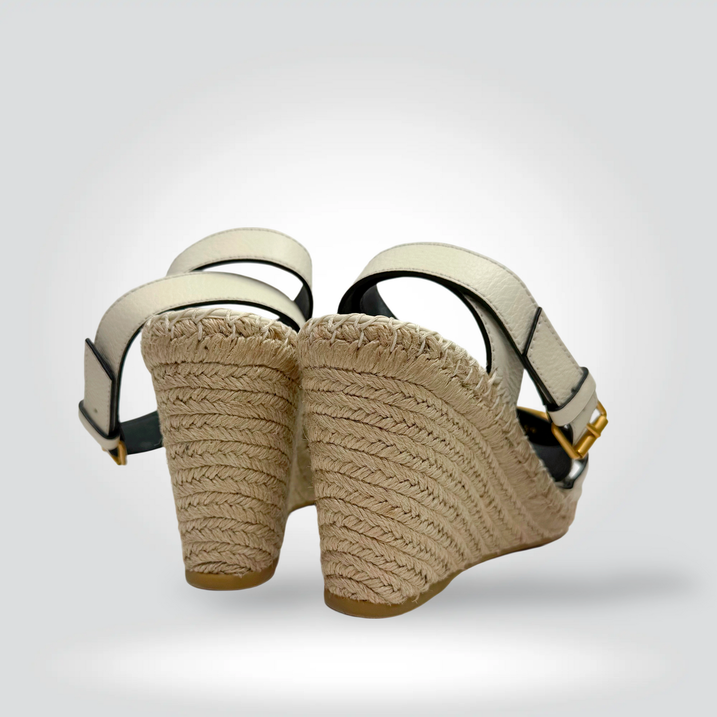 Pre-Owned Valentino VLogo Cream Leather Gold Hardware Slingback Wedge Espadrille Sandal 4" — Size 39 — Very Good | Style Reissue Vancouver