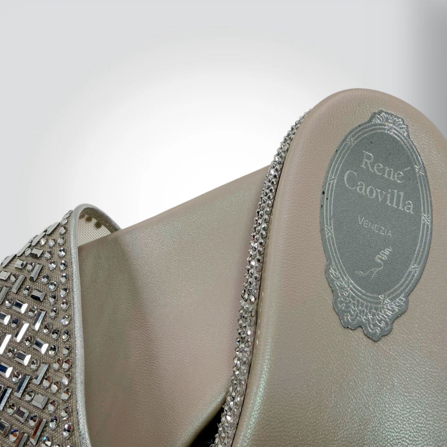 re-Owned René Caovilla Silver Embellished Woven Cut-Out Slide Sandals Flat — Size38 —Pristine  | Style Reissue Vancouver