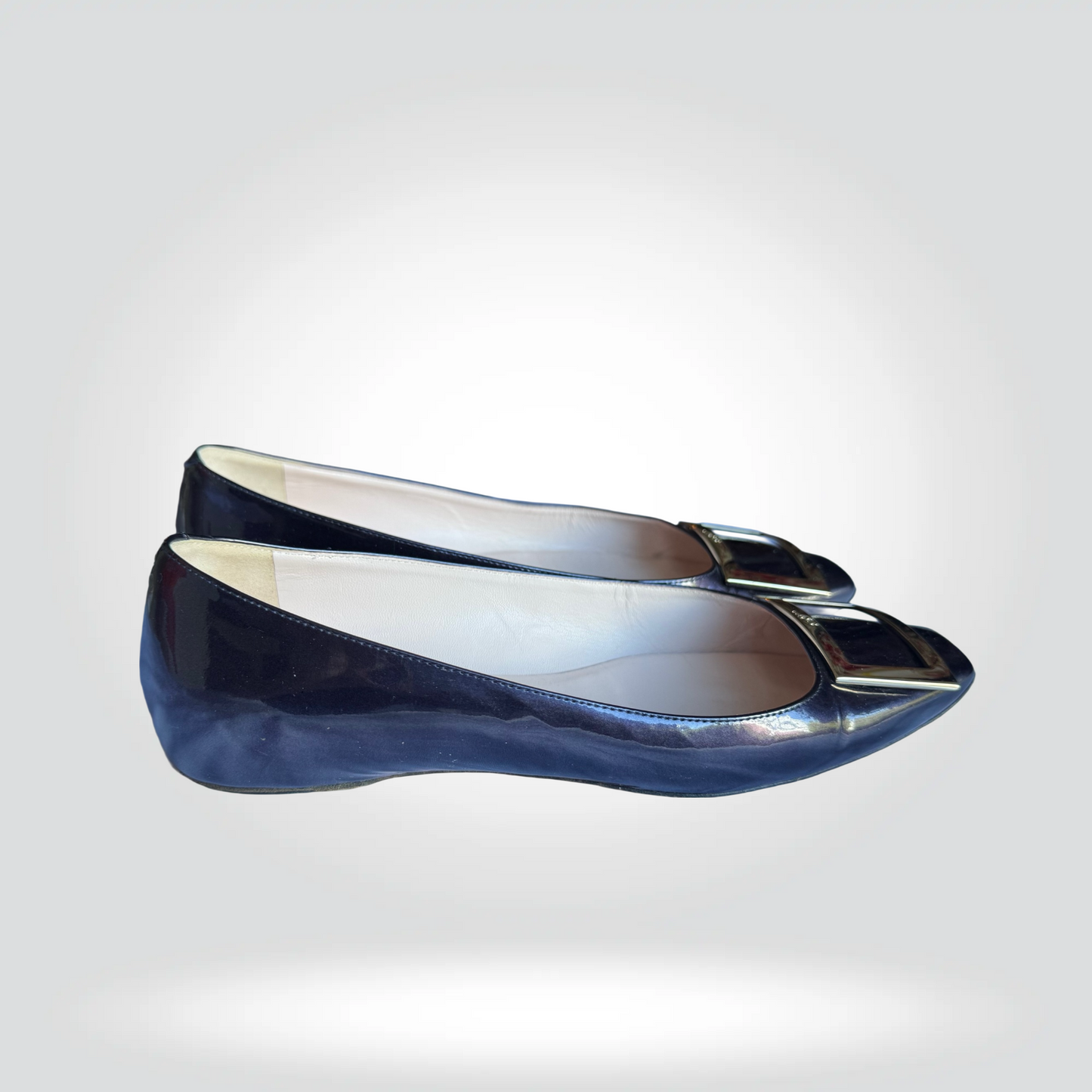 Roger Vivier Belle Vivier Flat Navy Patent Leather Gold Square Buckle Pointed Toe — Size 38— Good | Style Reissue Vancouver