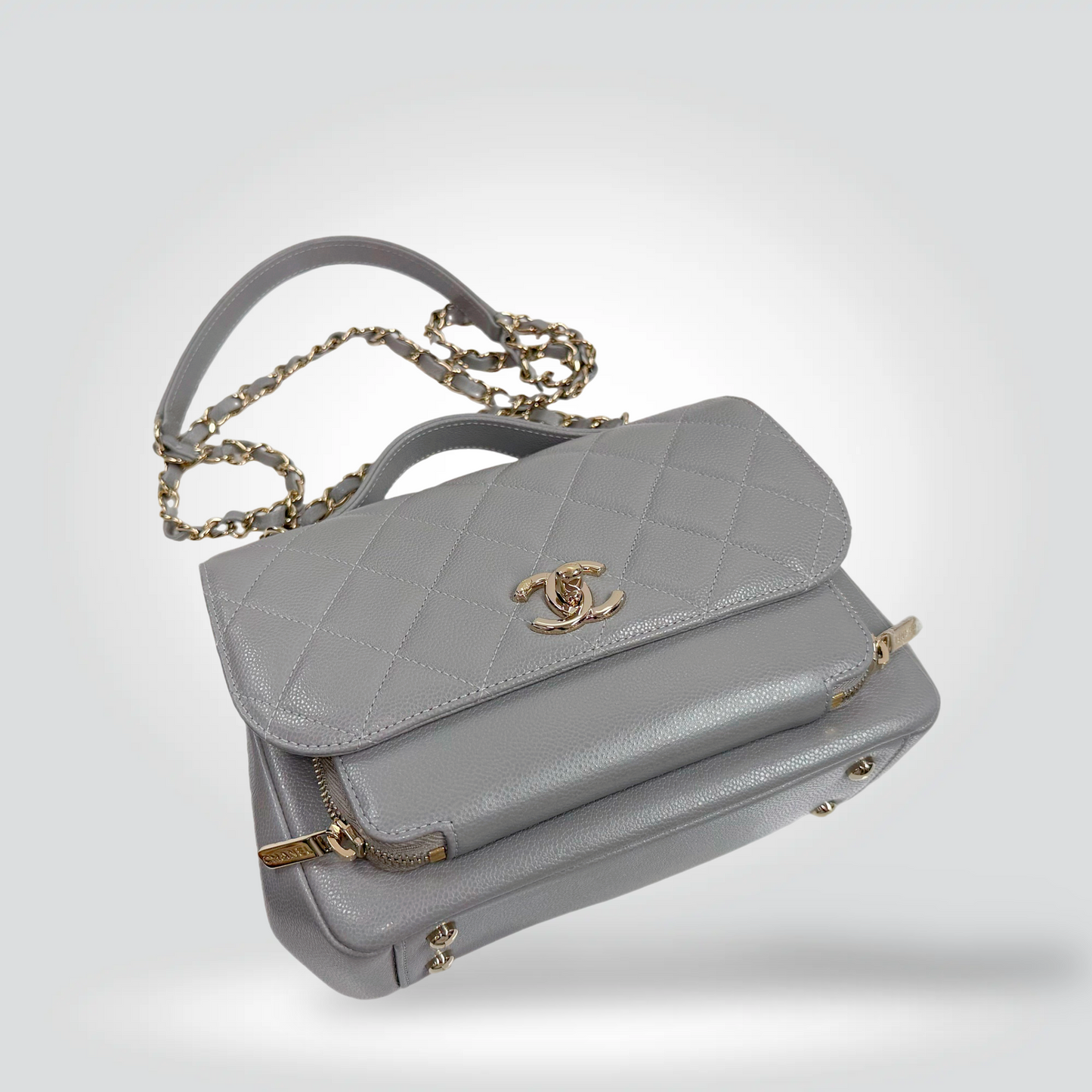 Chanel caviar leather flap bag grey gold CC turn lock chain strap top handle — Style Reissue Vancouver