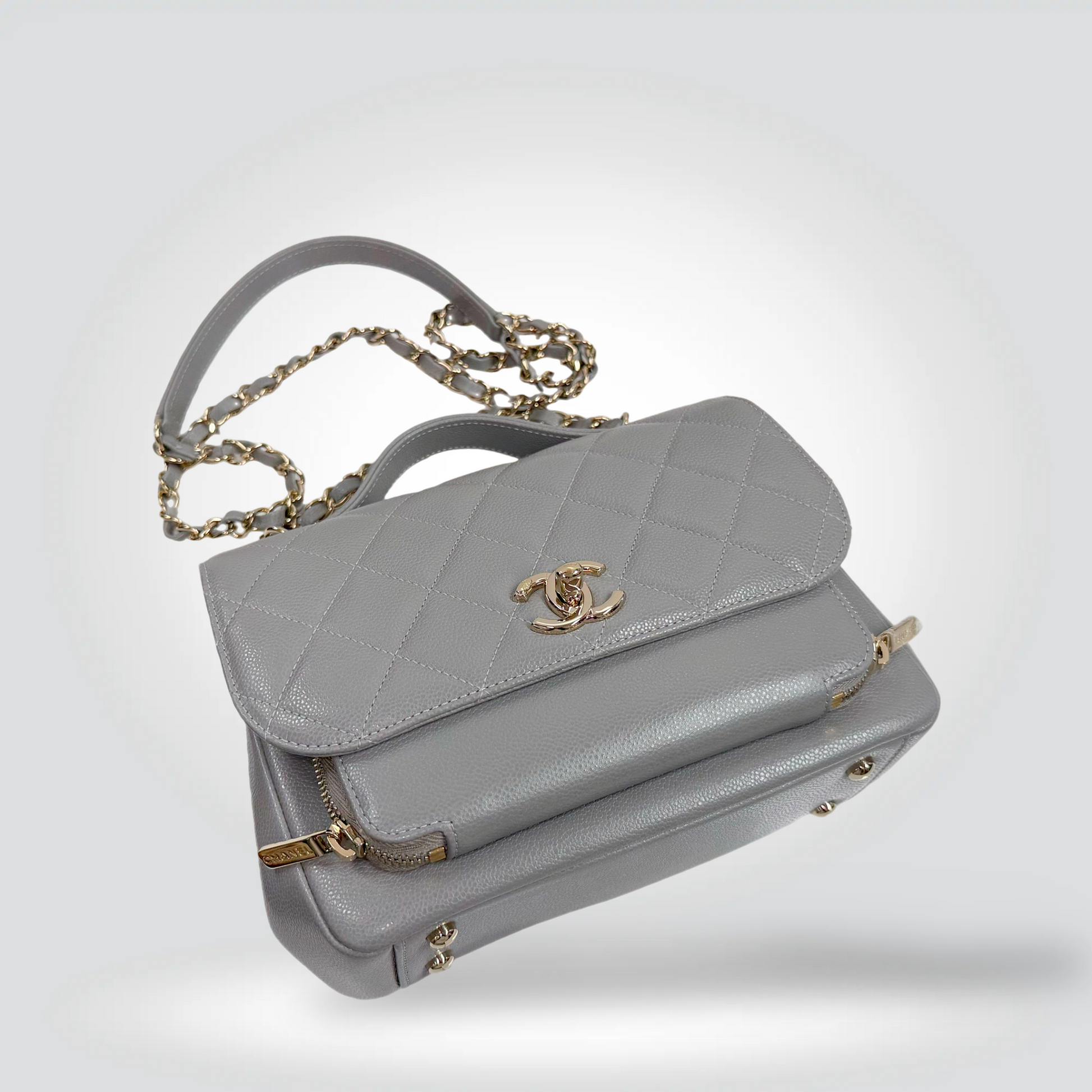 Chanel caviar leather flap bag grey gold CC turn lock chain strap top handle — Style Reissue Vancouver