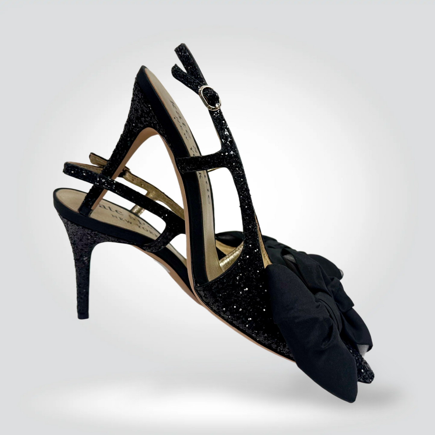 Kate Spade New York Glitter Slingback Heels Black Grosgrain Bow Pointed Toe — Size  39.5 Never Worn  Style Reissue Vancouver