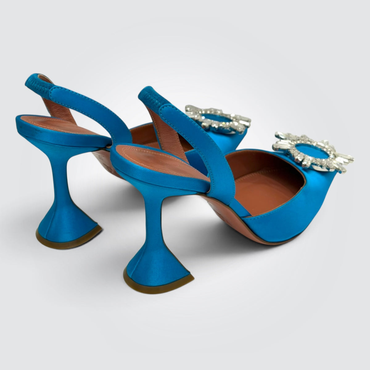 Pre-Owned Amina Muaddi Begum Blue Satin Slingback Pumps with Crystal Buckle