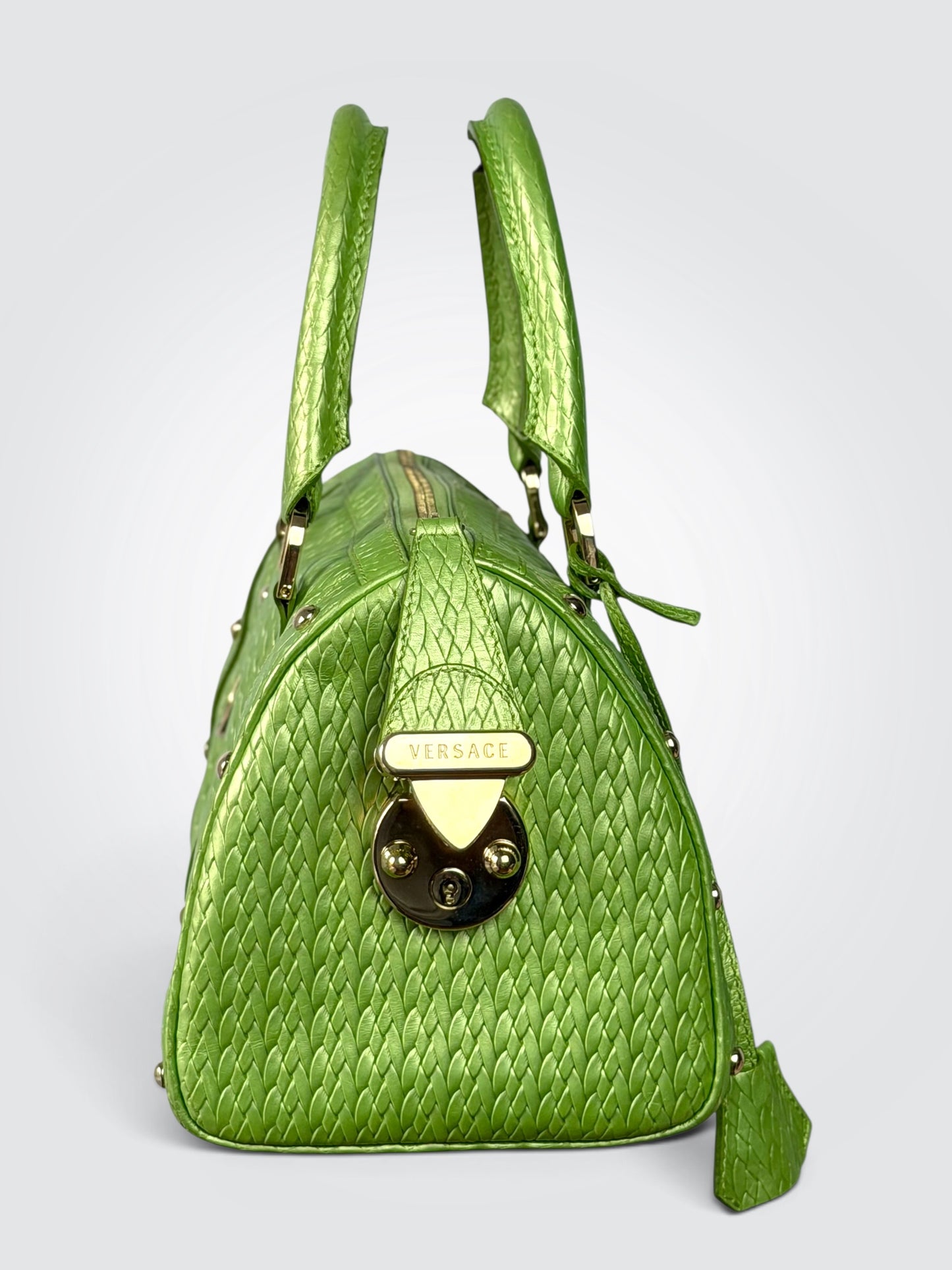 Pre-Owned Versace Green Textured Leather Medusa Doctor Satchel Handbag – Gold-Tone Hardware