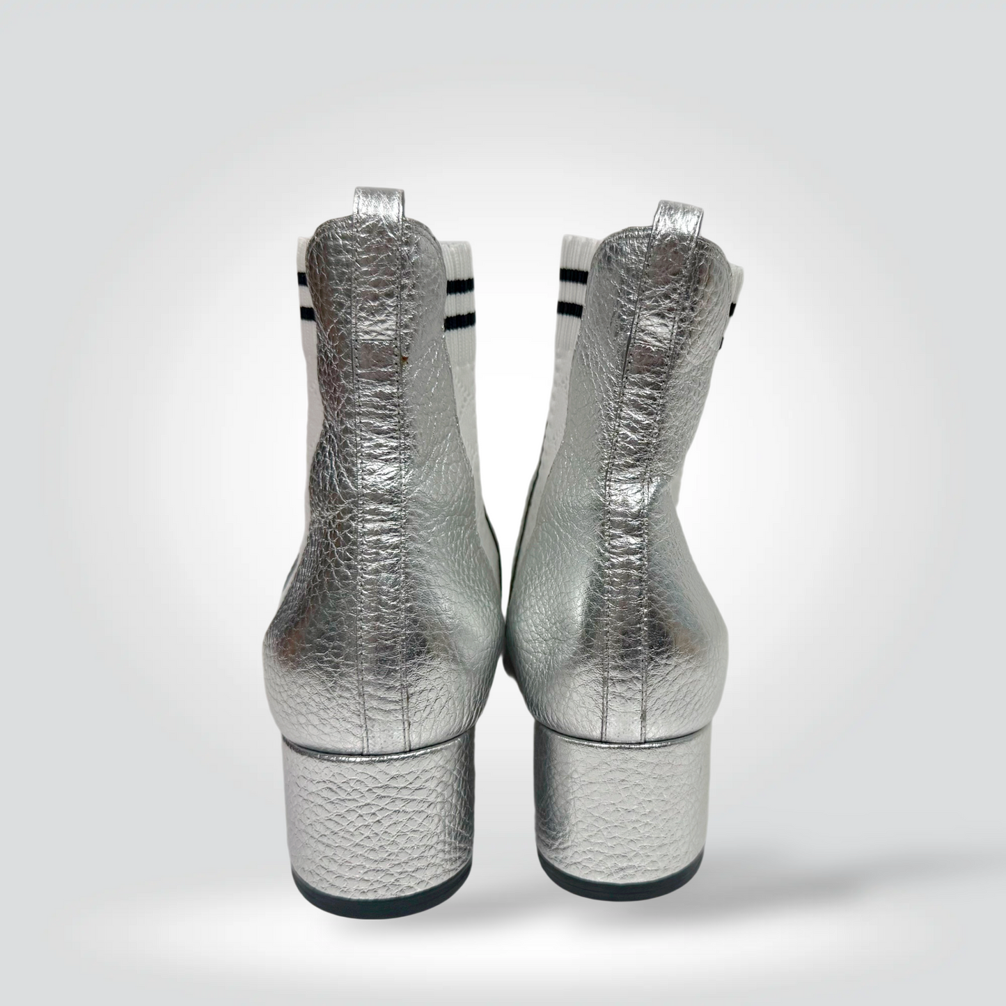 Pre-Owned Fendi Silver Metallic Leather Ankle Boots Black White Stripe Elastic Gore Block Heel — Size 38.5— Excellent | Style Reissue Vancouver