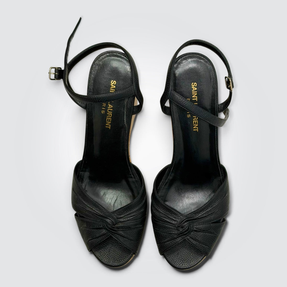 Pre-Owned Saint Laurent Bianca Black Leather Cork Wedge Sandals