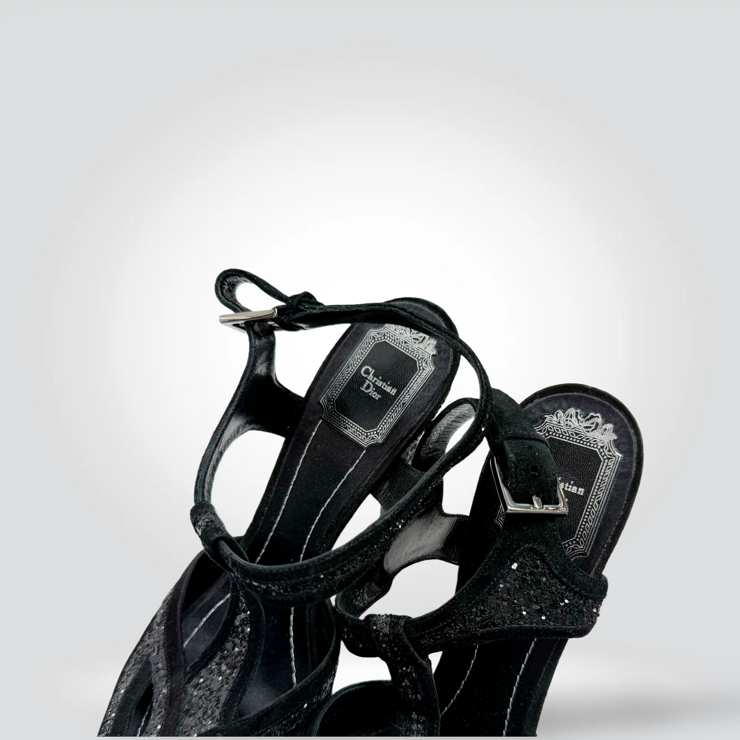 Pre-Owned Christian Dior Black Glitter Strappy Ankle Strap Sandal Silver Buckle 5.5" Heel — Size 39.5 — Excellent | Style Reissue Vancouver