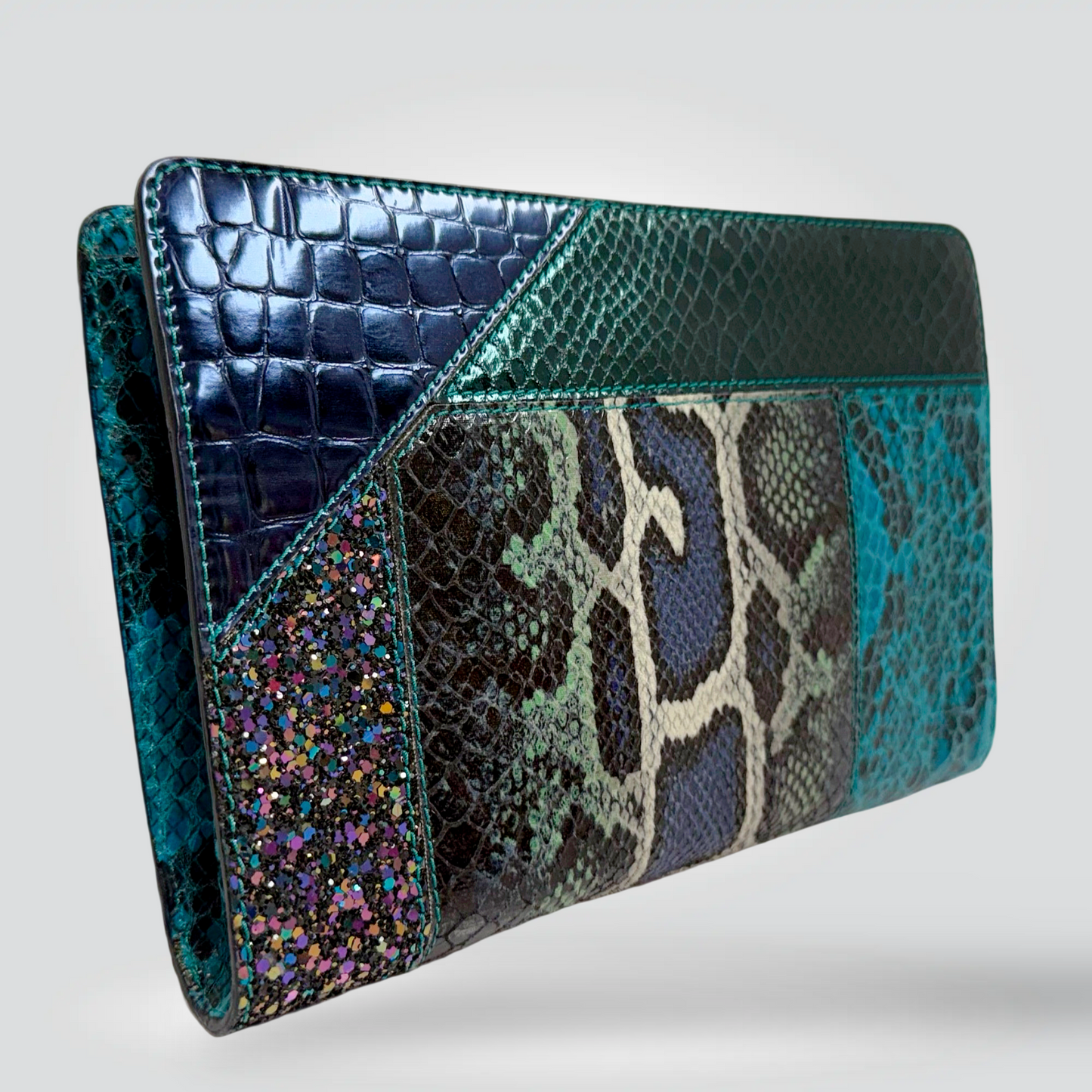 Stella Mccartney Mixed Exotic Print Clutch Teal Python Navy Croc Multicolour Glitter — Pristine | Style Reissue Vancouver