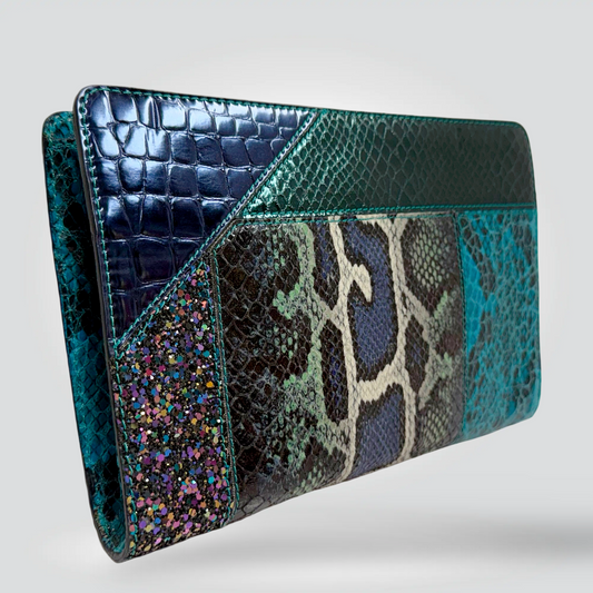 PRE-OWNED Stella McCartney Multicolor Faux Croc and Python Embossed Leather and Glitter Loretta Waverly Clutch.