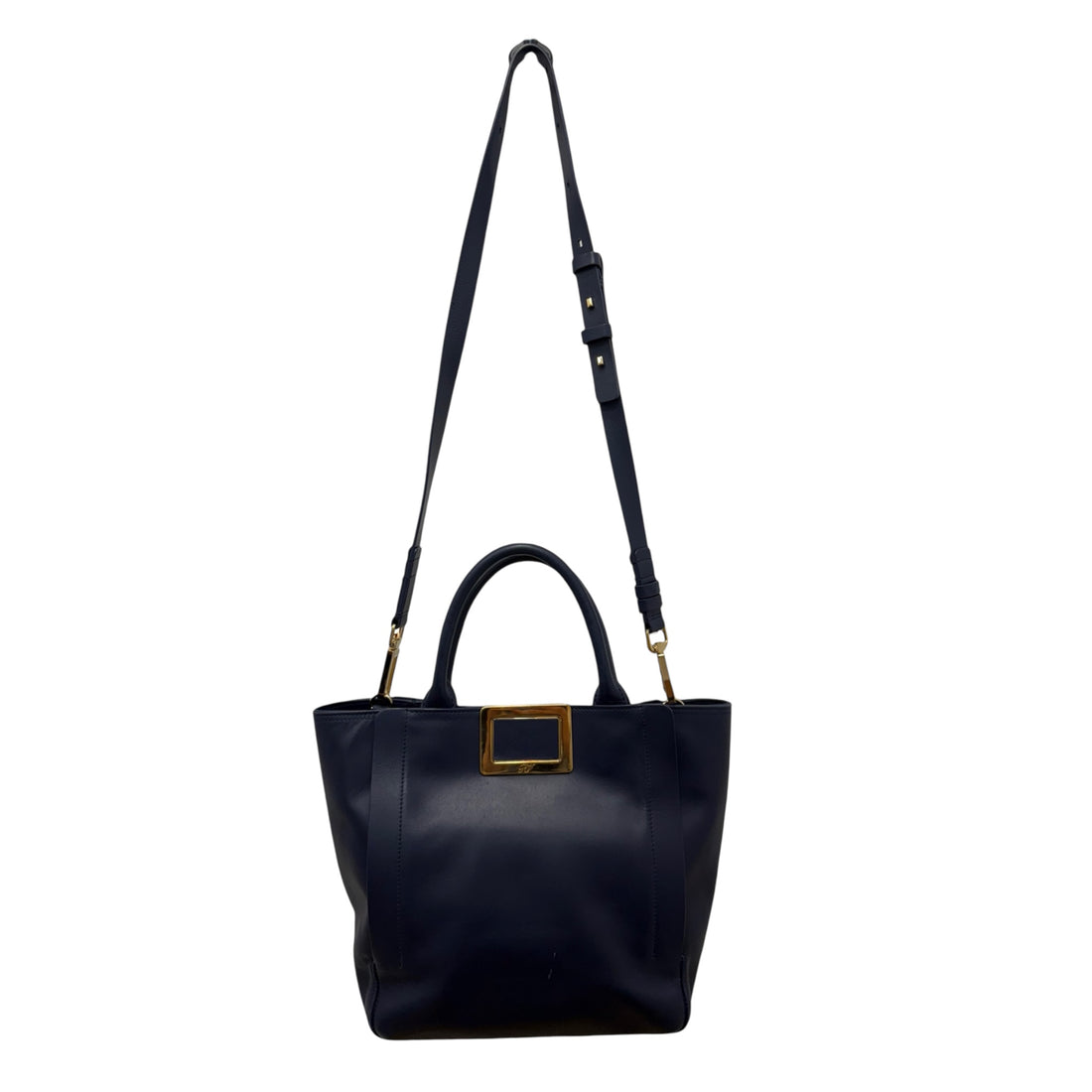 Roger Vivier Navy Blue Leather Top Handle Tote – Structured Handbag with Gold Buckle & Crossbody Strap