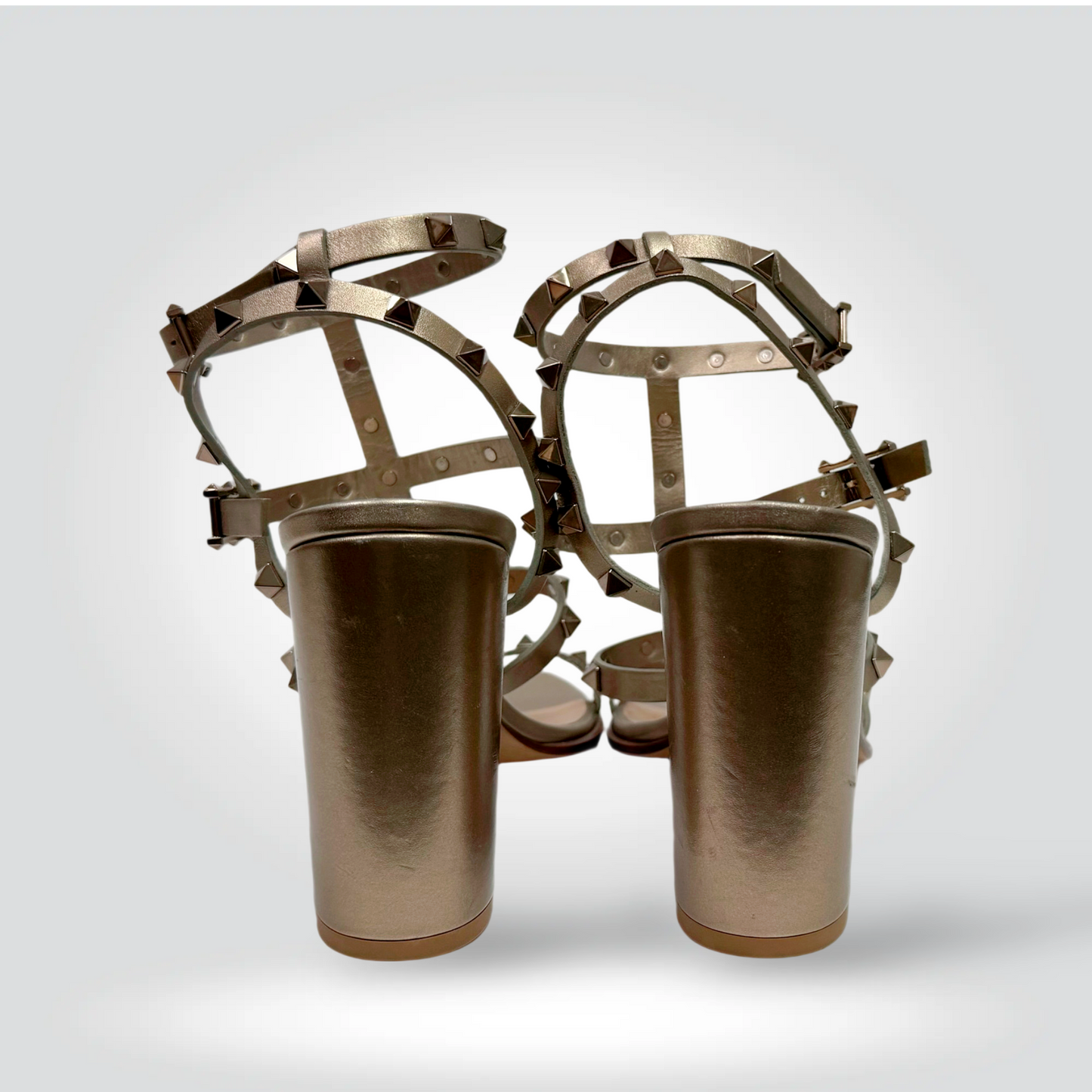 Pre-Owned Valentino Rockstud Bronze Studded Strappy Sandal 90mm Heel — Size 10 — Excellent | Style Reissue Vancouver