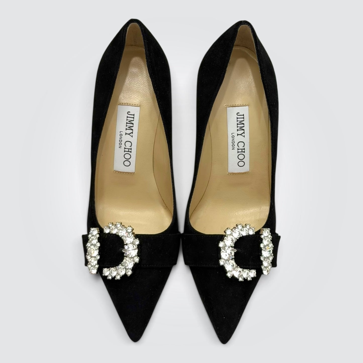 Pre-Owned Jimmy Choo Black Suede Crystal Buckle Pointed-Toe Pumps