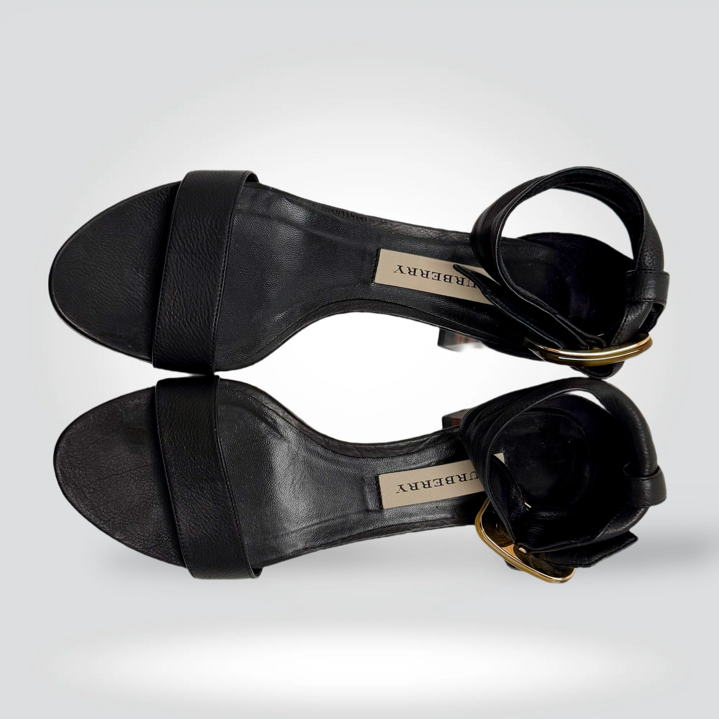 Burberry Black Leather Block Heel Sandals Gold Buckle Tortoiseshell Heel Ankle Strap — Size 37.5— Very Good | Style Reissue Vancouver