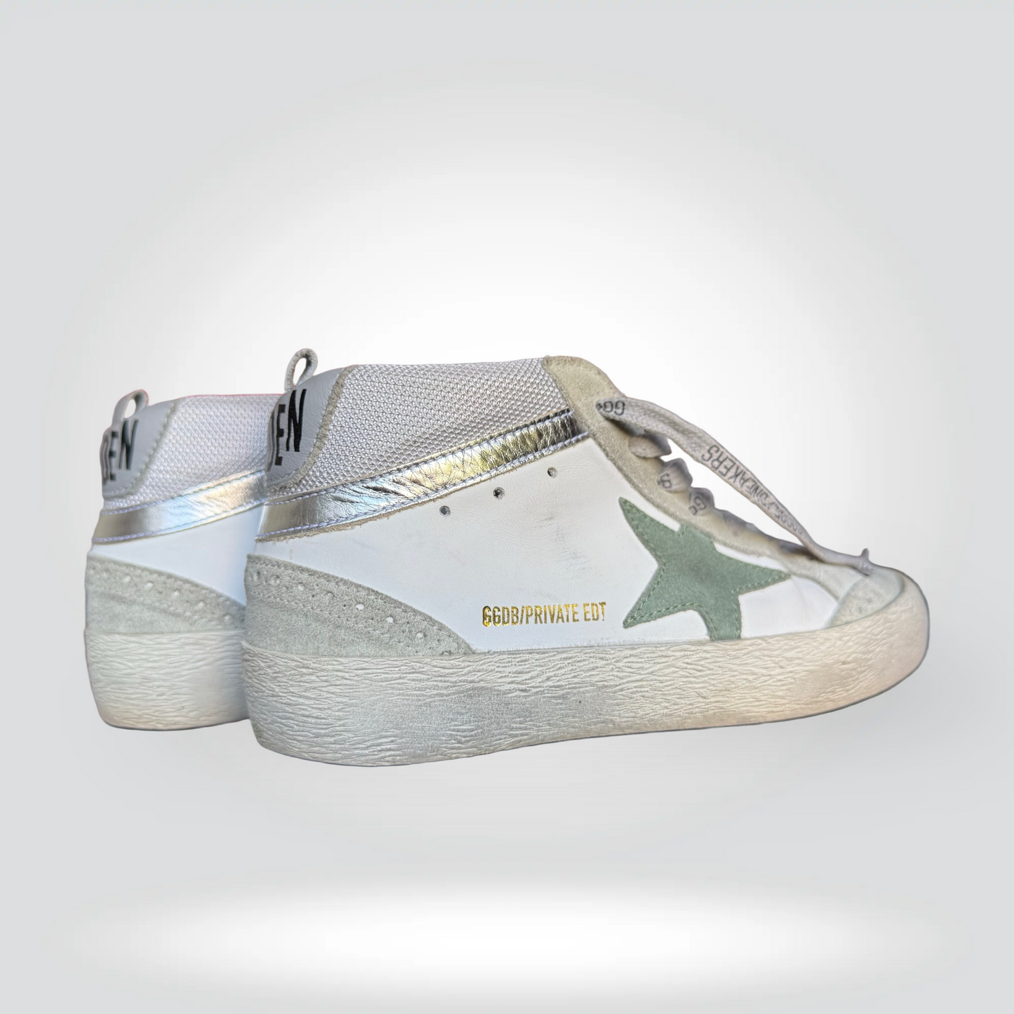 Golden Goose Mid Star sneakers white leather green star silver glitter heel — Style Reissue Vancouver
