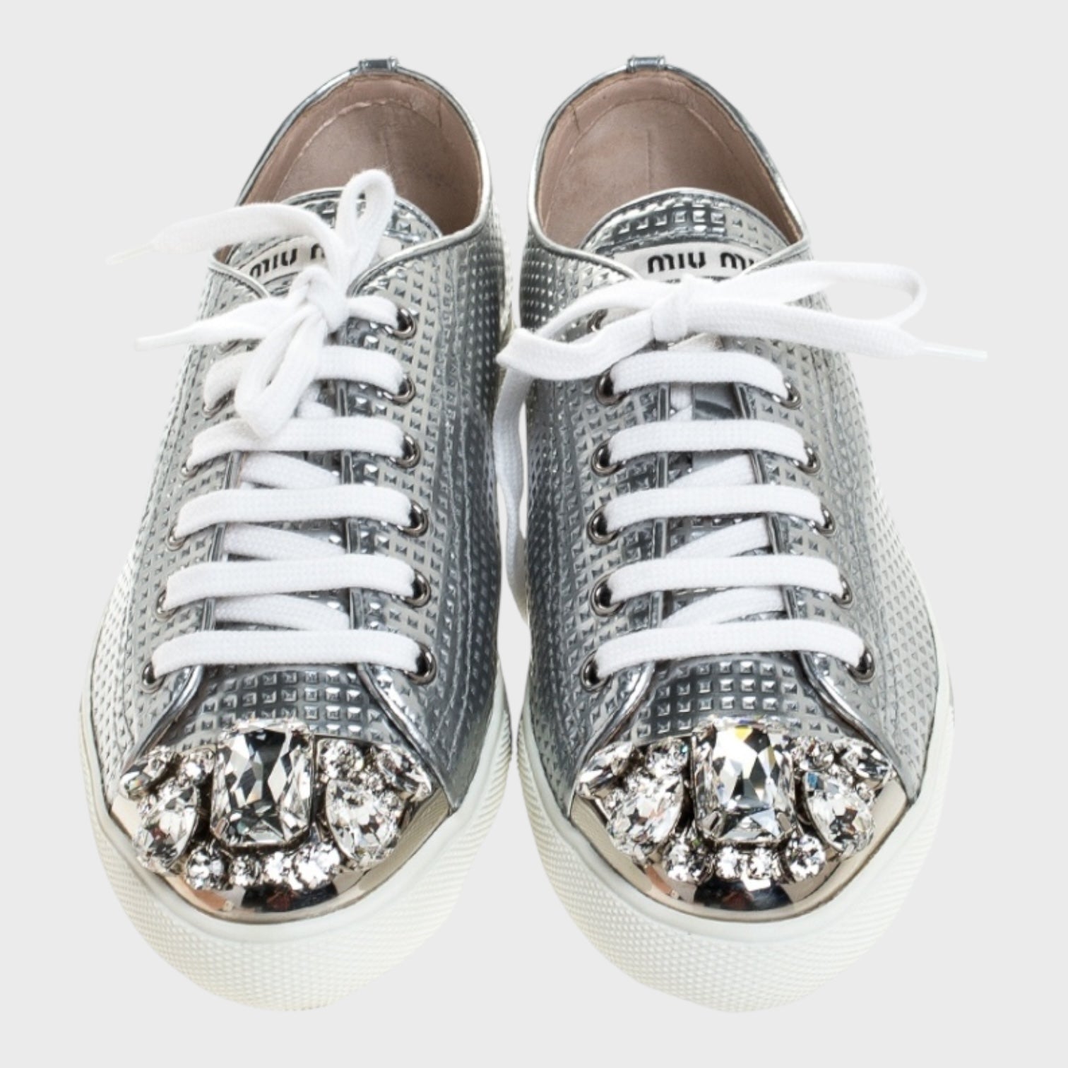 Miu Miu
Miu Miu Metallic Silver Perforated Leather Crystal Embellished Lace Up Sneakers Size 40