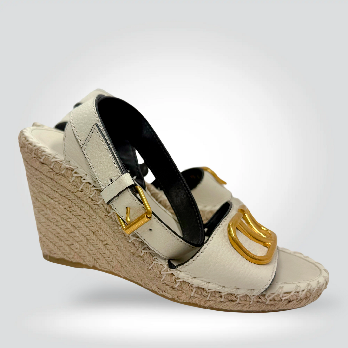 Pre-Owned Valentino VLogo Cream Leather Gold Hardware Slingback Wedge Espadrille Sandal 4" — Size 39 — Very Good | Style Reissue Vancouver
