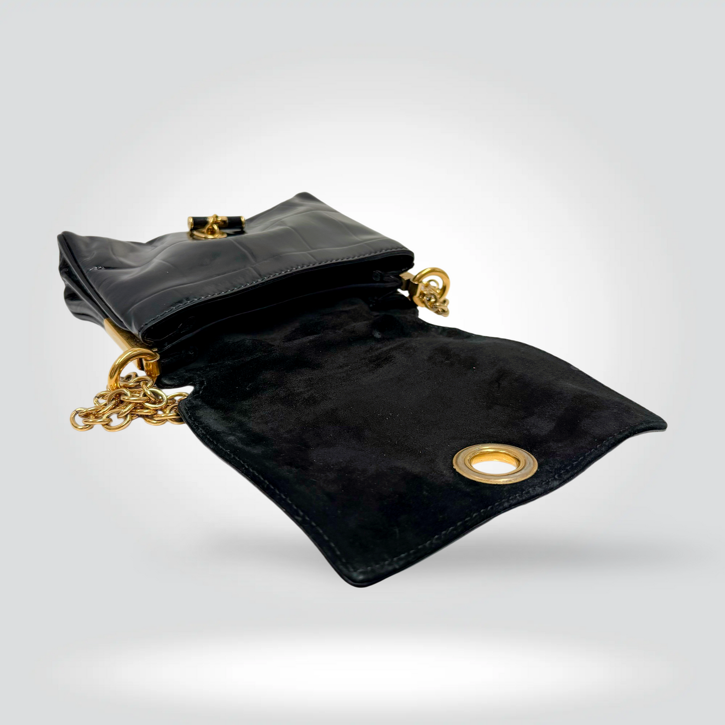 Saint Laurent Croc Embossed Patent Leather Chain Bag Black Gold Turn Lock Clasp — Very Good  | Style Reissue Vancouver