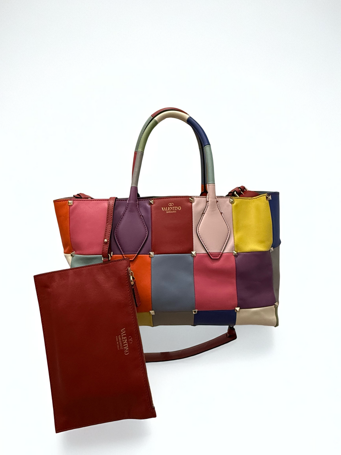 Valentino Garavani Multicolor Patchwork Leather Tote Bag with Pouch – Made in Italy