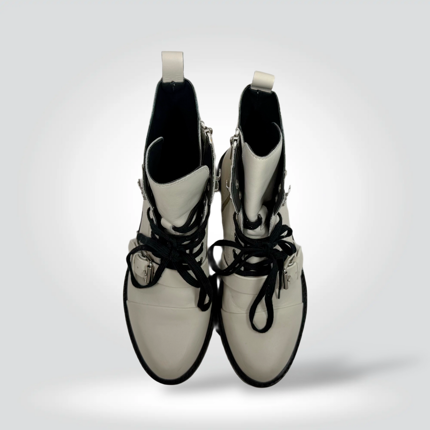 Pre-Owned All Saints Cream Off-White Leather Combat Boots Black Laces Silver Hardware Side Buckle — Size —40 Very Good | Style Reissue Vancouver