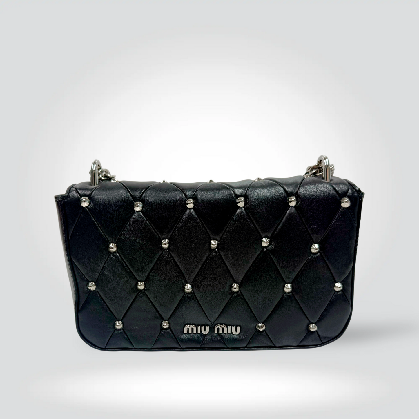 Miu Miu Quilted Leather Studded Flap Bag Black Silver Dome Studs Chain Strap — Excellent | Style Reissue Vancouver