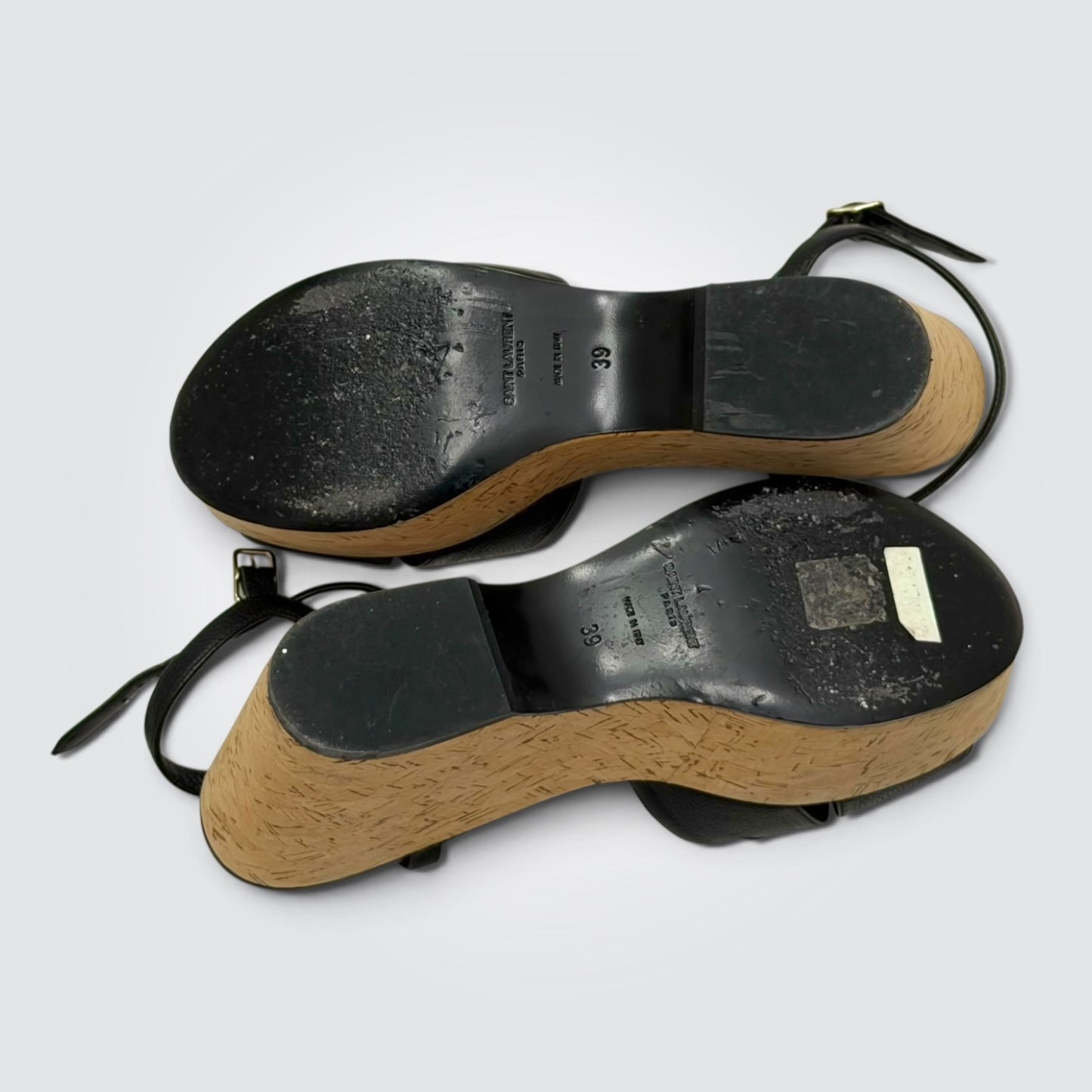 Pre-Owned Saint Laurent Bianca Black Leather Cork Wedge Sandals