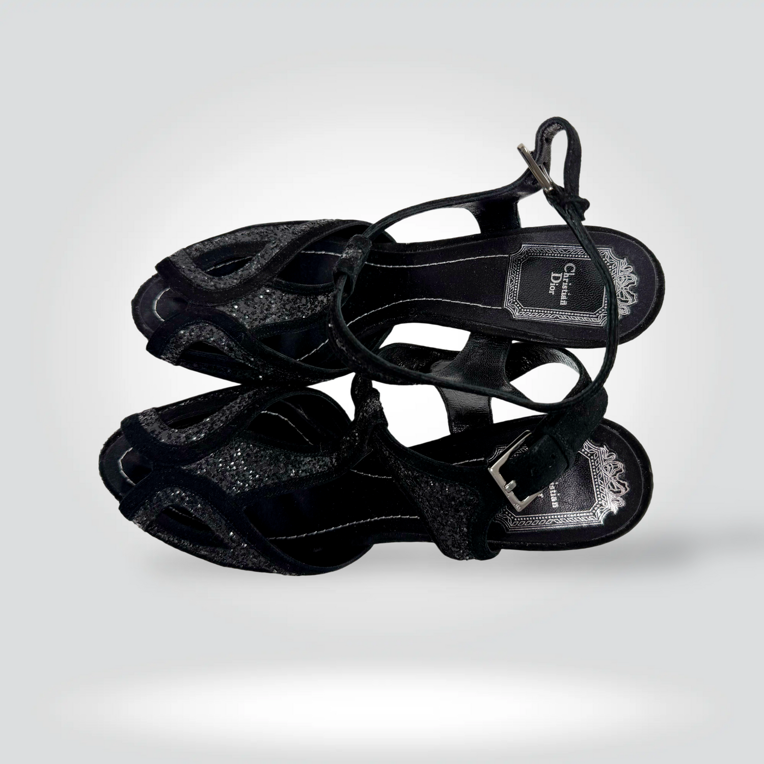 Pre-Owned Christian Dior black glitter strappy ankle strap sandal silver buckle 38.5 inch heel — Style Reissue Vancouver
