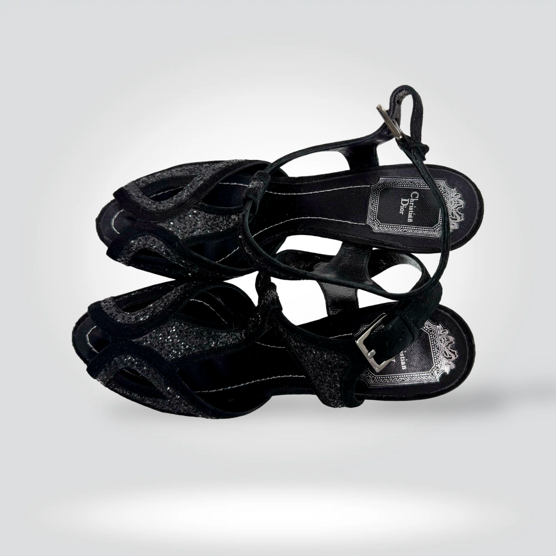 Pre-Owned Christian Dior black glitter strappy ankle strap sandal silver buckle 38.5 inch heel — Style Reissue Vancouver
