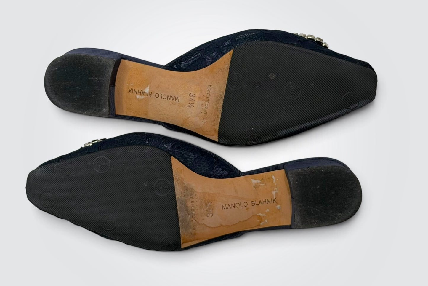 Pre-Owned Manolo Blahnik Maysale Navy Blue Lace Crystal Buckle Mules