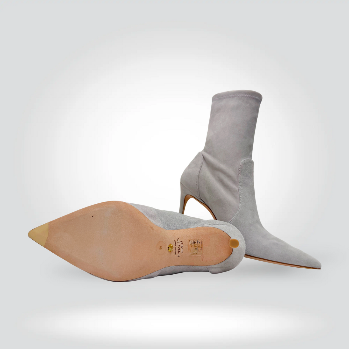 Stuart Weitzman Stretch Suede Stiletto Ankle Boots Light Grey Stone — Size 39 — [Condition] | Style Reissue Vancouver