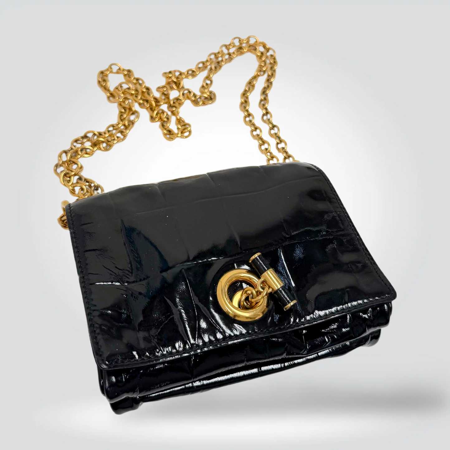 Saint Laurent Croc Embossed Patent Leather Chain Bag Black Gold Turn Lock Clasp — Very Good  | Style Reissue Vancouver