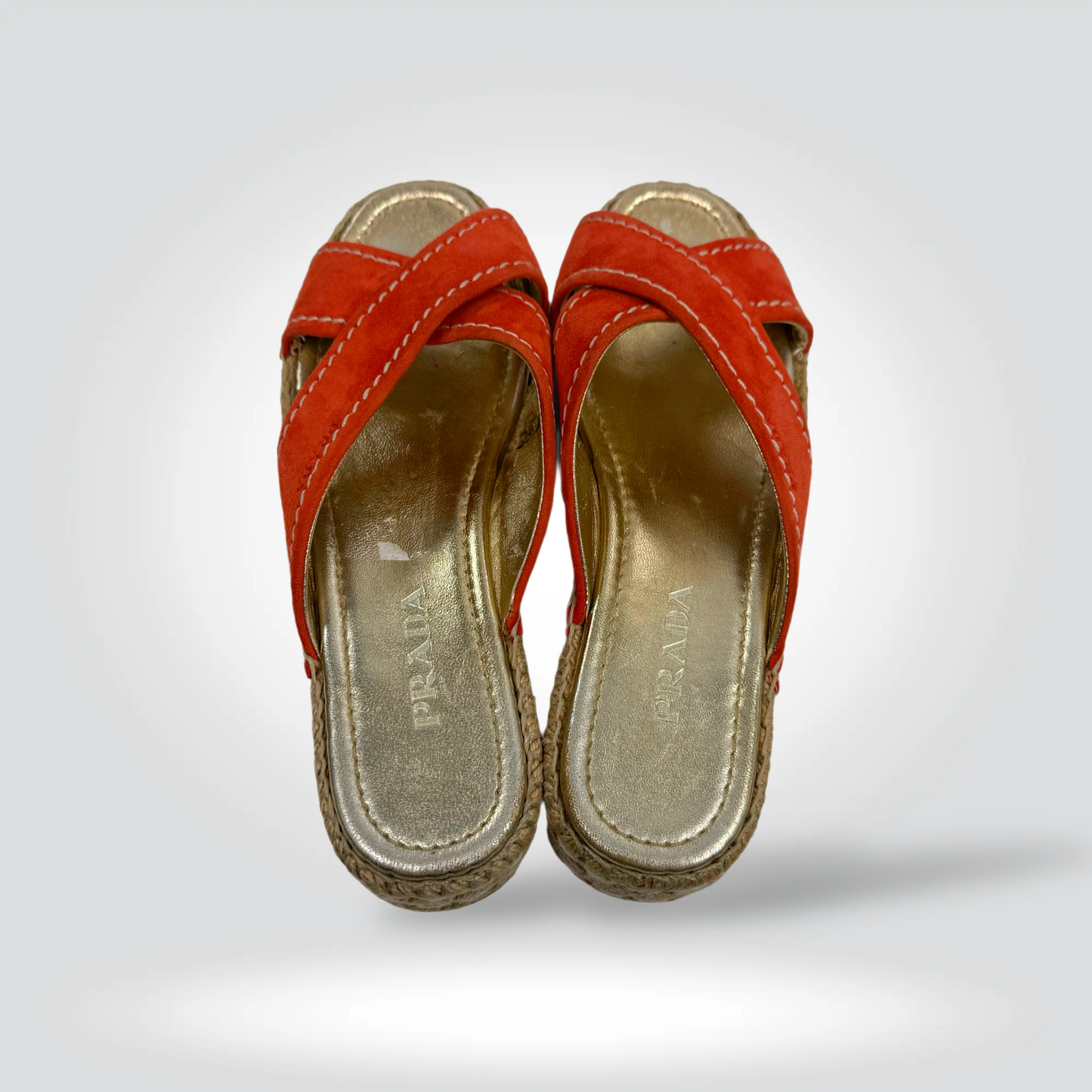 Pre-Owned Prada Suede Espadrille Wedge Slides Orange Red Crossed Strap Jute Platform — Size 38— Very Good | Style Reissue Vancouver