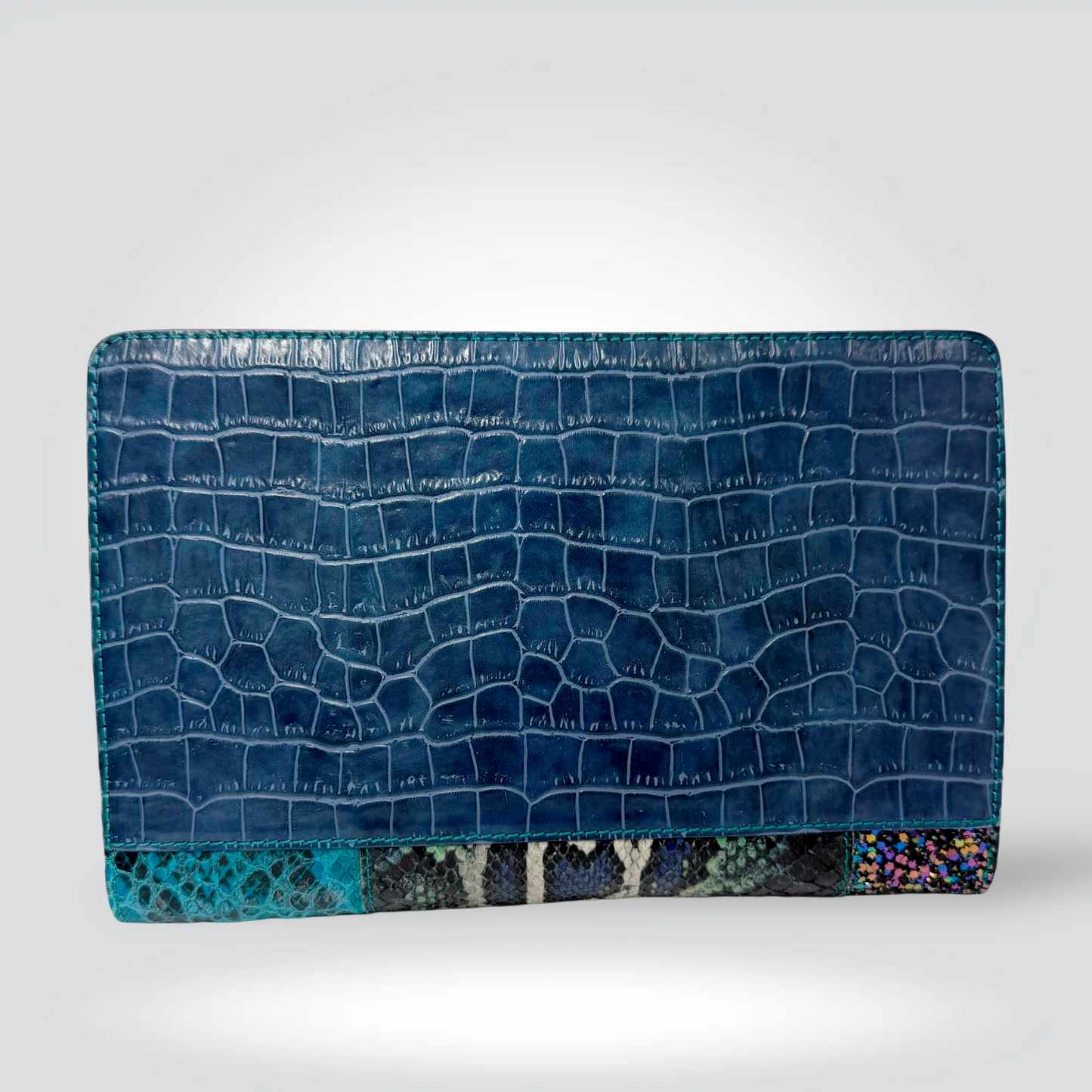 Yigal Azrouël mixed exotic print clutch teal python navy croc glitter panel — Style Reissue Vancouver