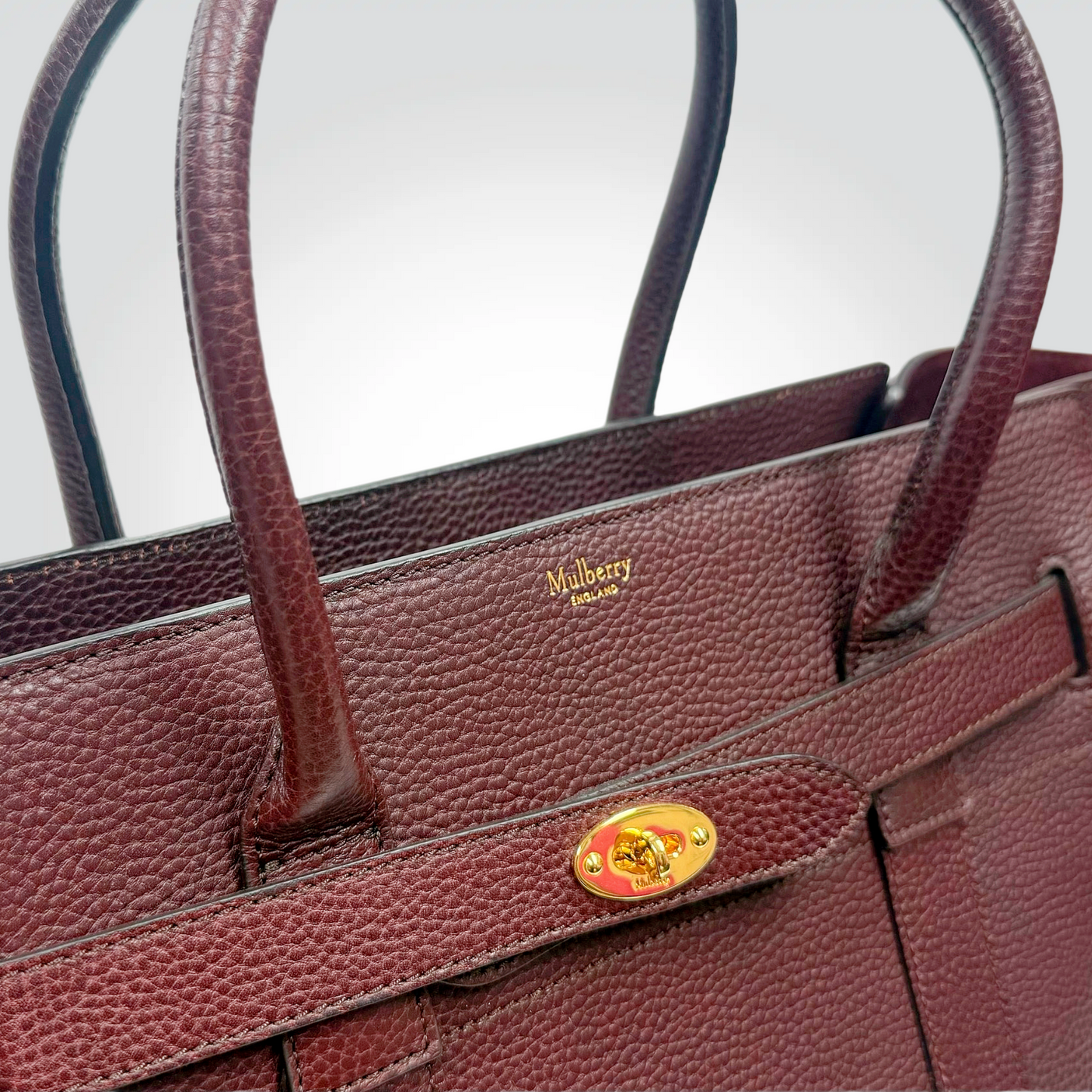 Mulberry Bayswater Tote Bag Oxblood Burgundy Pebbled Leather Gold Postman Lock — Very Good Style Reissue Vancouver