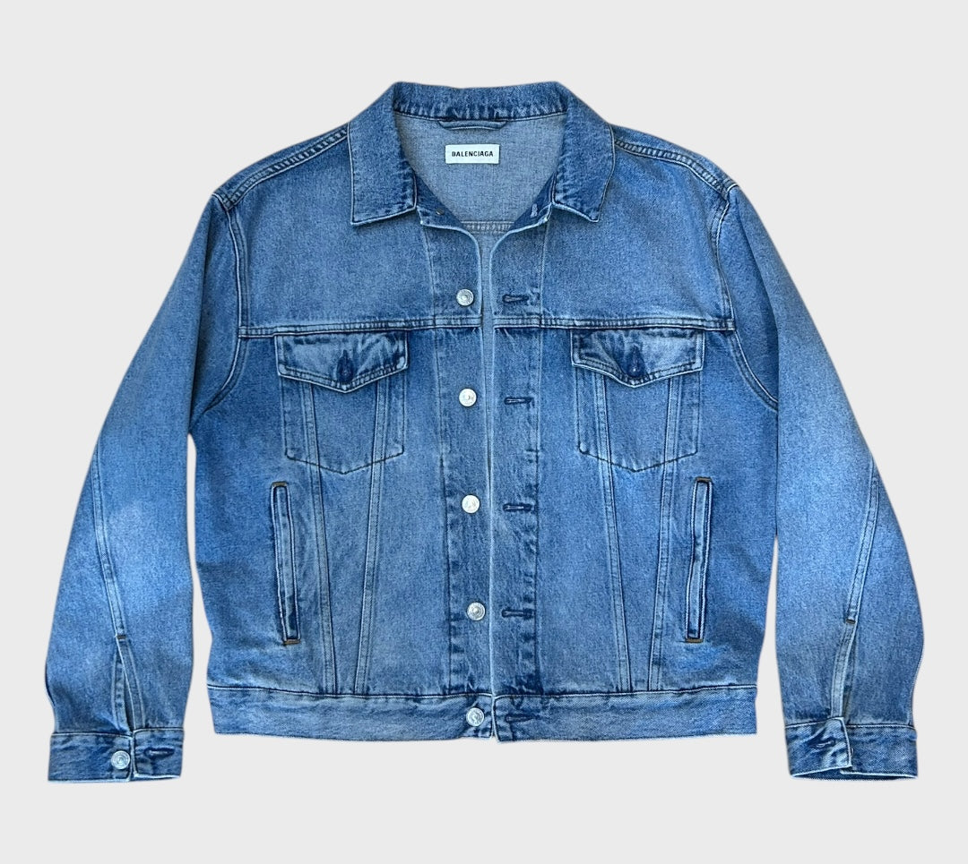 Balenciaga Crystal Logo Cotton Denim Jacket In Blue