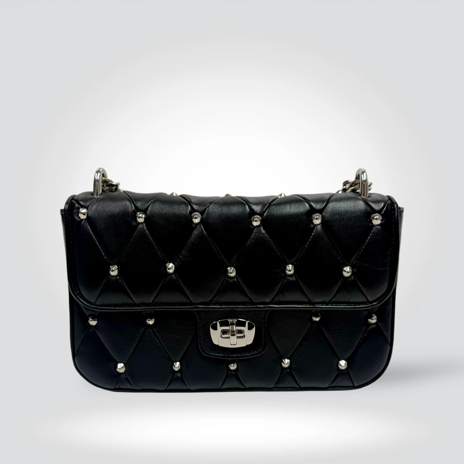 Miu Miu quilted leather studded flap bag black silver dome studs chain strap — Style Reissue Vancouver
