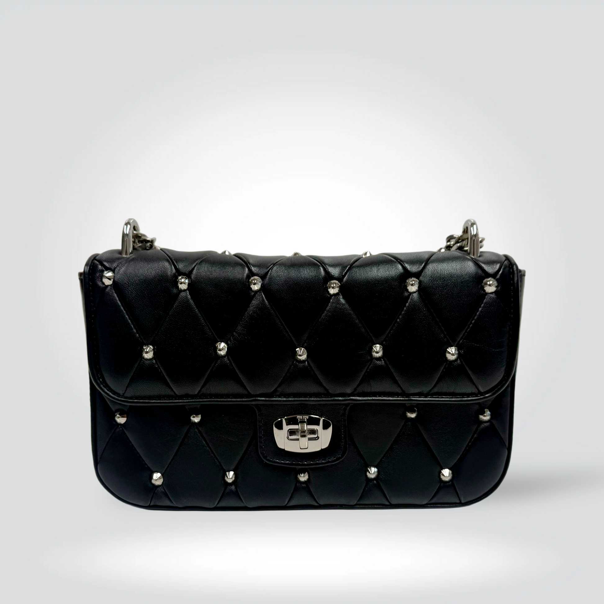 Miu Miu quilted leather studded flap bag black silver dome studs chain strap — Style Reissue Vancouver
