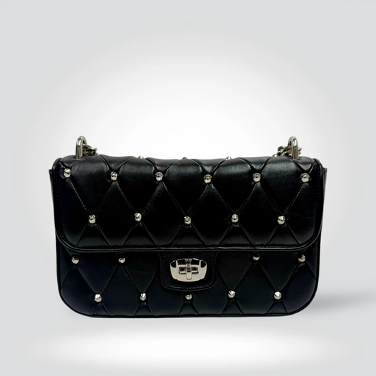 Miu Miu quilted leather studded flap bag black silver dome studs chain strap — Style Reissue Vancouver

