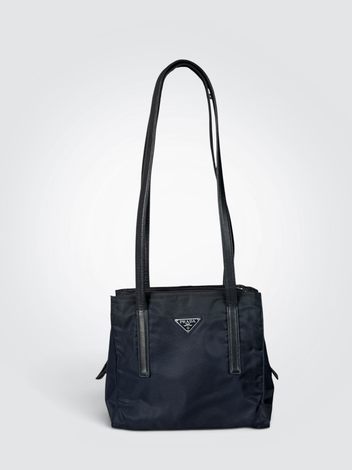 Pre-Owned Prada Black Nylon 3-Compartment Tote Shoulder Bag with Leather Trim