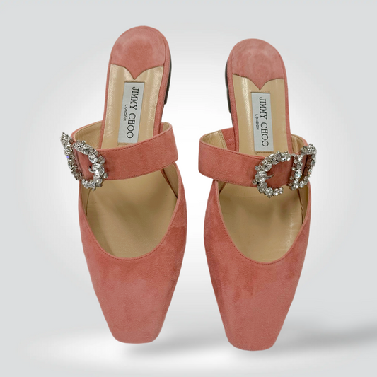 Jimmy Choo Suede Mules Blush Pink Crystal Embellished Buckle Strap Square Toe — Size 10 —Never worn | Style Reissue Vancouver