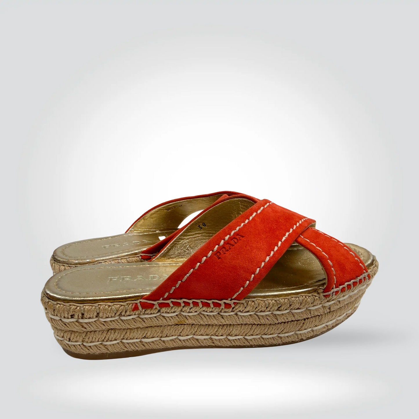 Pre-Owned Prada suede espadrille wedge slides orange red crossed strap jute platform white topstitching — Style Reissue Vancouver