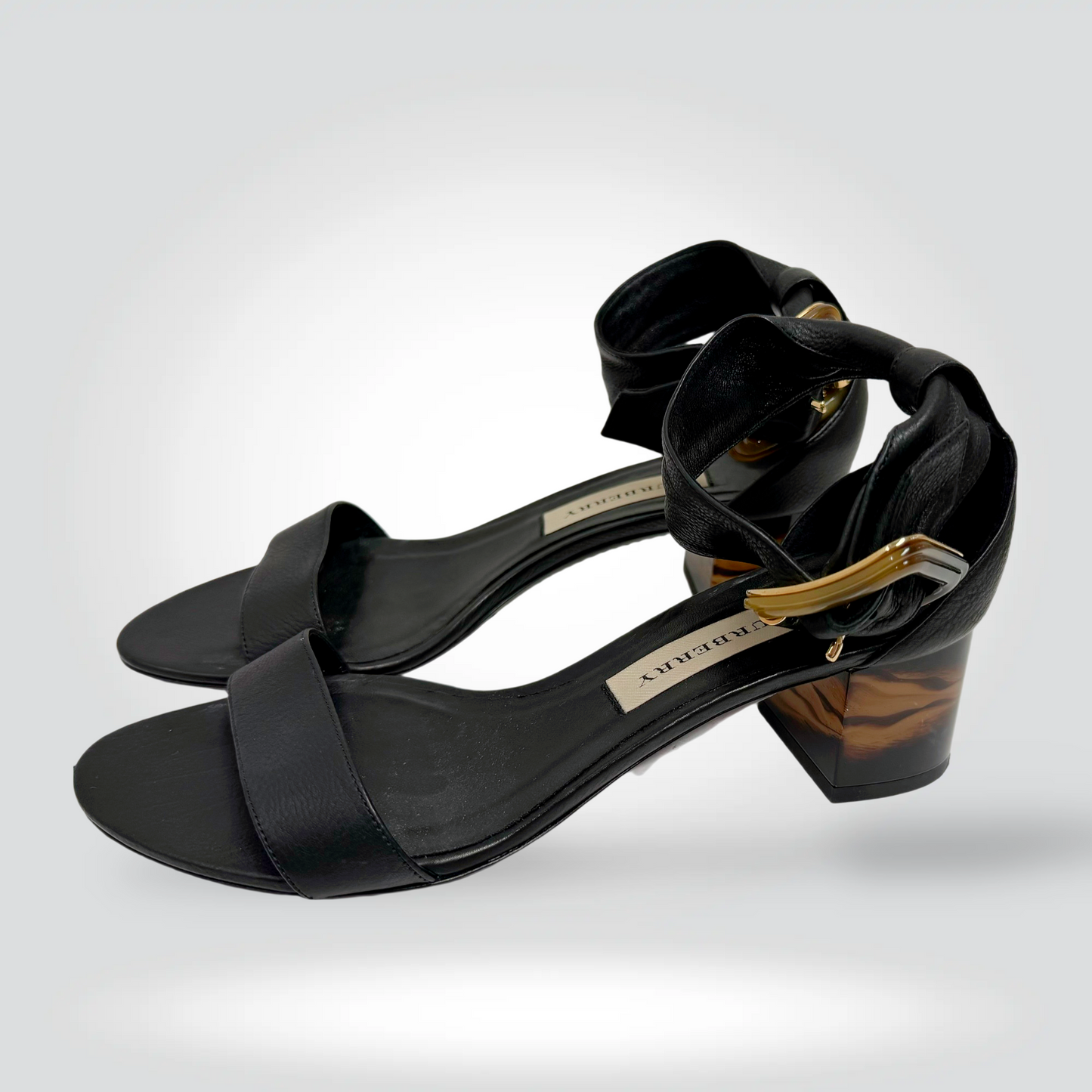 Burberry Black Leather Block Heel Sandals Gold Buckle Tortoiseshell Heel Ankle Strap — Size 37.5— Very Good | Style Reissue Vancouver