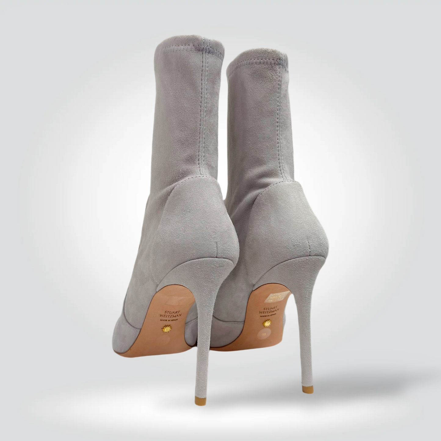 Stuart Weitzman Stretch Suede Stiletto Ankle Boots Light Grey Stone — Size 39 — [Condition] | Style Reissue Vancouver