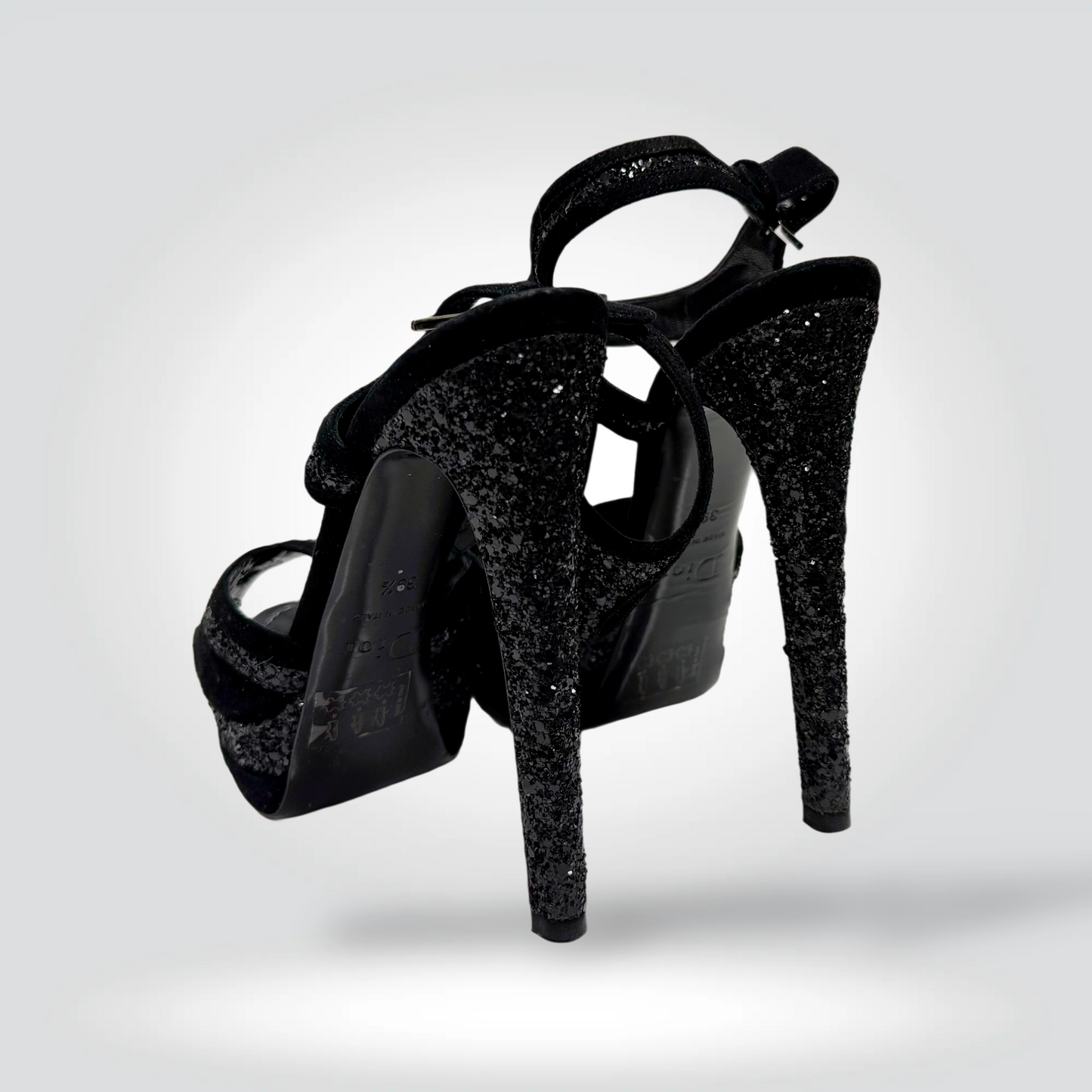 Pre-Owned Christian Dior Black Glitter Strappy Ankle Strap Sandal Silver Buckle 5.5" Heel — Size 39.5 — Excellent | Style Reissue Vancouver