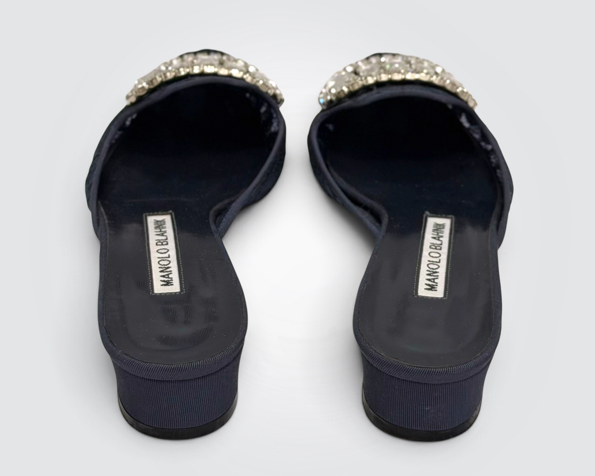 Pre-Owned Manolo Blahnik Maysale Navy Blue Lace Crystal Buckle Mules