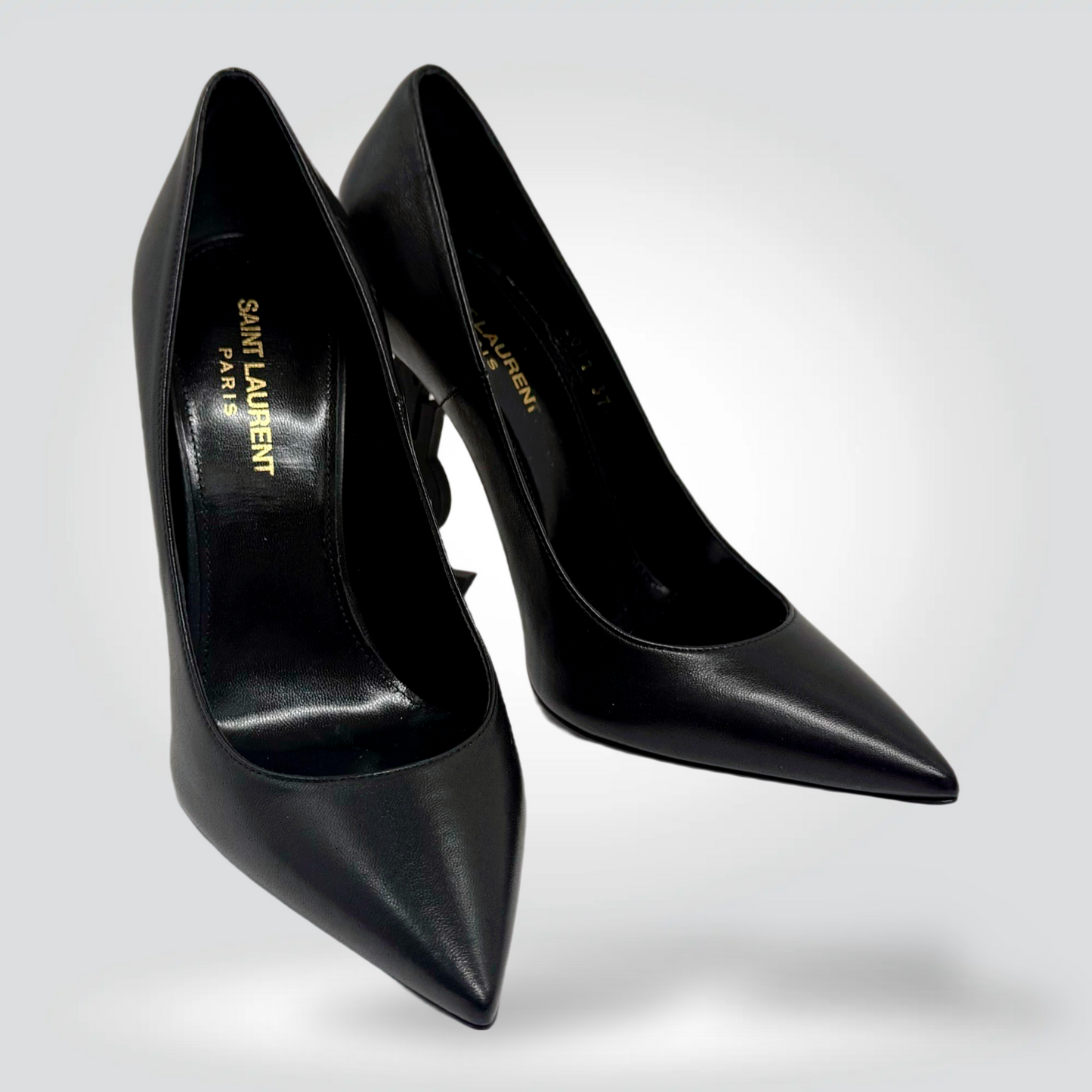 Saint Laurent Opyum Pumps Black Leather YSL Logo Heel Pointed Toe — Size 37-Never Worn | Style Reissue Vancouver